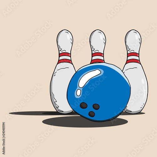 Bowling icon. Vector illustration of bowling ball and skittles. Hand drawn bowling game logo.