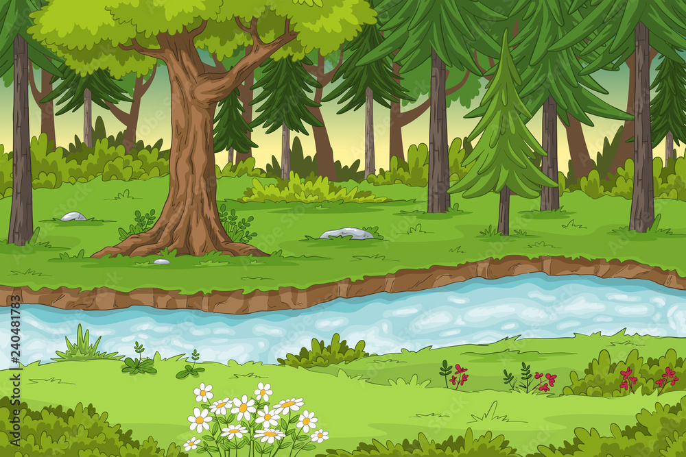 Forest landscape with a river, hand draw illustration Stock Vector