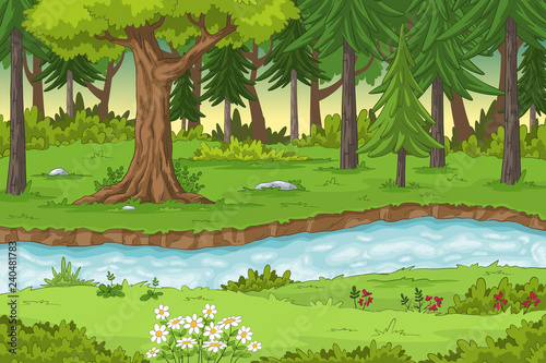 Forest landscape with a river, hand draw illustration
