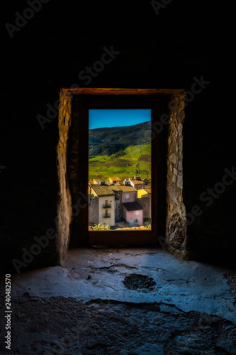 Panoramic view of italian countryside through the window