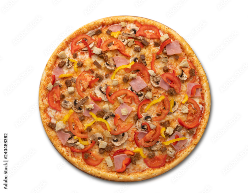 pizza on isolated background. delicious pizza with mushrooms and tomatoes