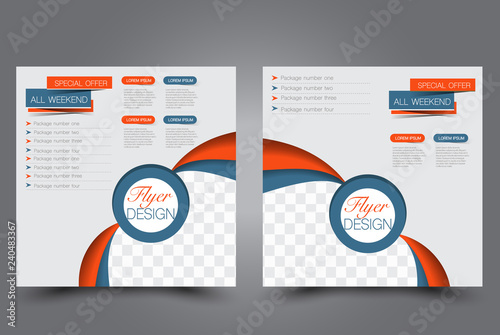 Square flyer template. Brochure design. Annual report poster. Leaflet cover. For business and education. Vector illustration. Blue and orange color.