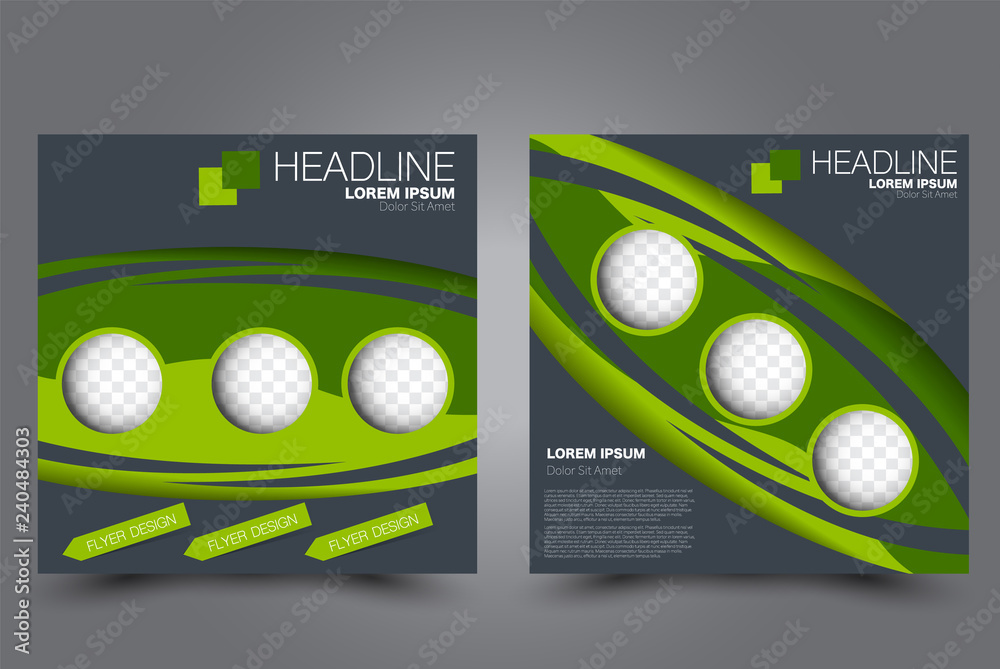 Square flyer design. A cover for brochure. Website or advertisement banner template. Vector illustration. Green color. Square flyer design. A cover for brochure. Website or advertisement banner template. Vector illustration. Green color.