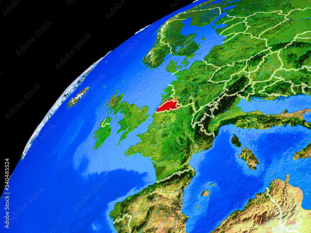 Fototapeta premium Belgia z kosmosu. Planeta Ziemia z granicami państw i wyjątkowo dużą szczegółowością powierzchni planety.