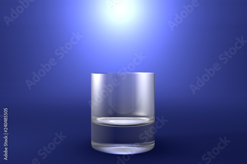 3D illustration of old fashioned whiskey glass on light blue highlighted artistic background - drinking glass render