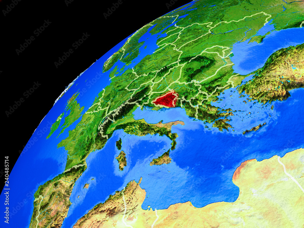 Bosnia and Herzegovina from space. Planet Earth with country borders and extremely high detail of planet surface.
