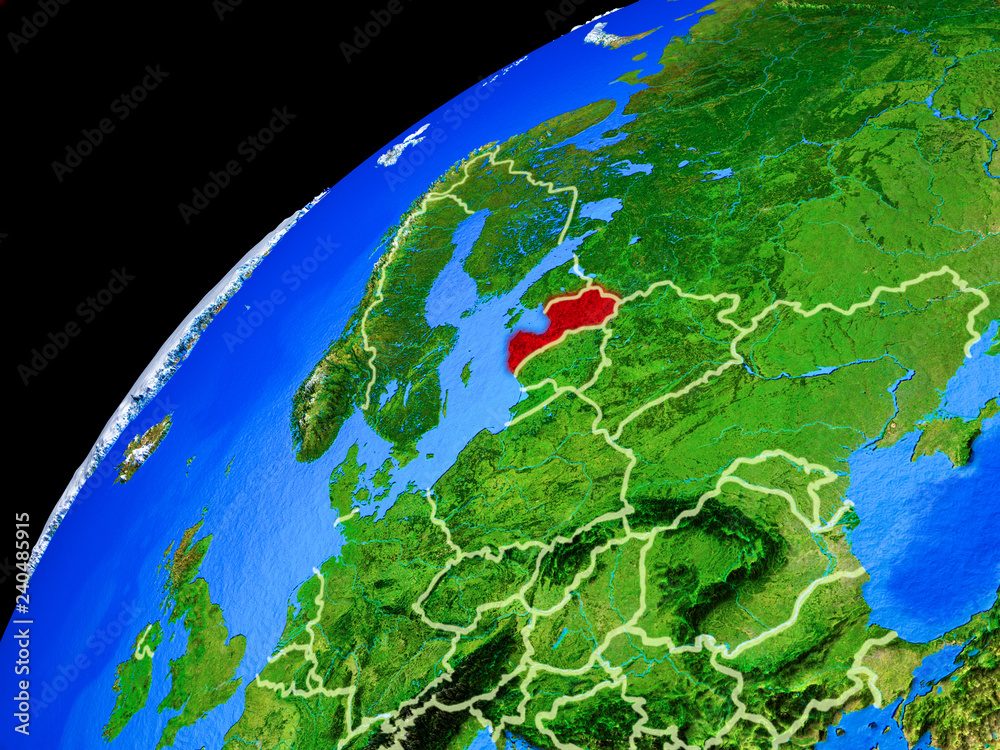 Latvia from space. Planet Earth with country borders and extremely high detail of planet surface.