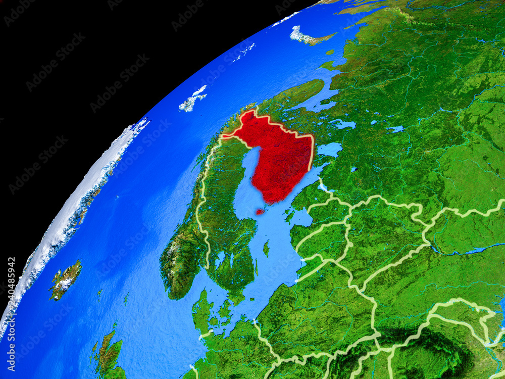 Finland from space. Planet Earth with country borders and extremely high detail of planet surface.