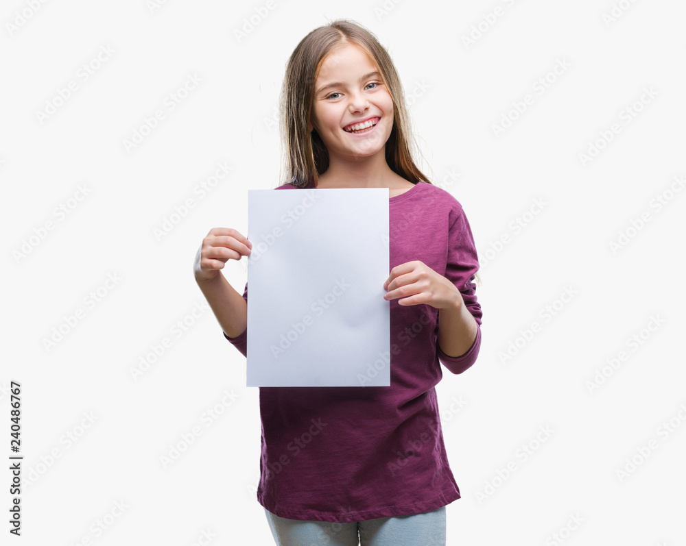 Young beautiful girl holding blank sheet paper over isolated background with a happy face standing and smiling with a confident smile showing teeth Young beautiful girl holding blank sheet paper over isolated background with a happy face standing and smiling with a confident smile showing teeth