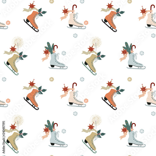 Fototapeta Naklejka Na Ścianę i Meble -  Skating boots. Seamless vector pattern with vintage Christmas decoration motif.
