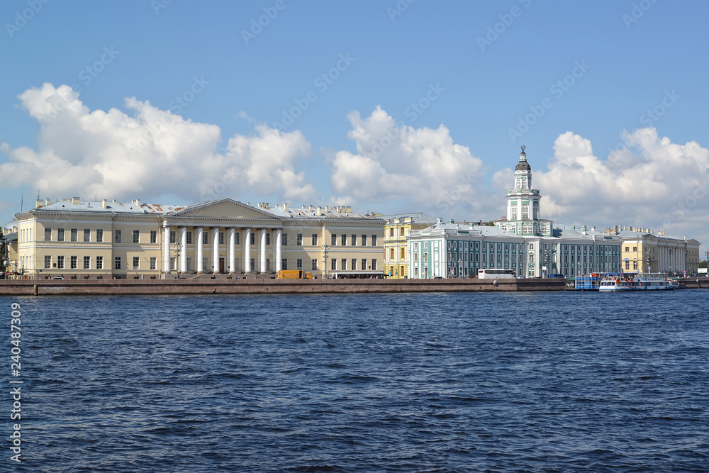 Universitetskaya Embankment, buildings of Academy of Sciences and Cabinet of curiosities in summer day. St. Petersburg