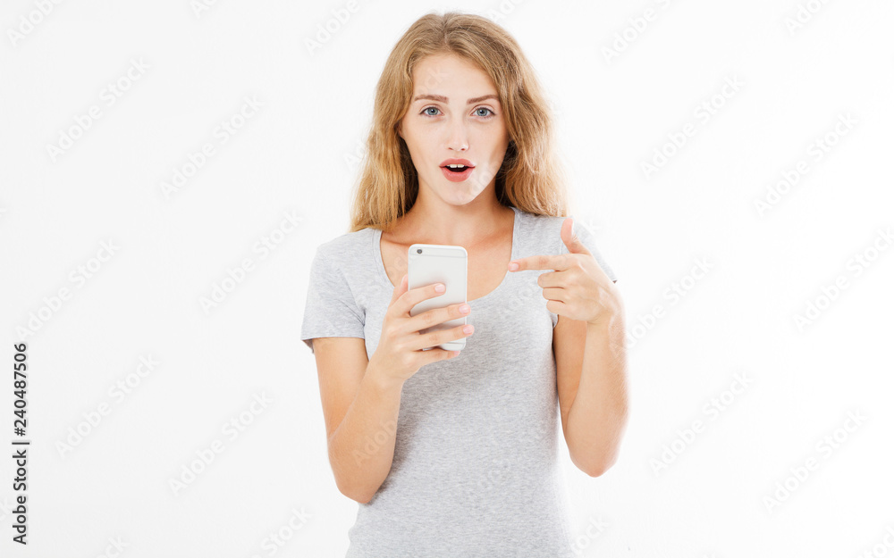 surprised woman in t-shirt isolated on white surprised woman in t-shirt isolated on white
