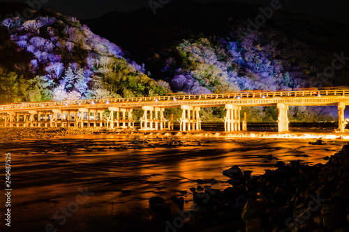 京都嵐山 渡月橋のライトアップ (嵐山花灯路)