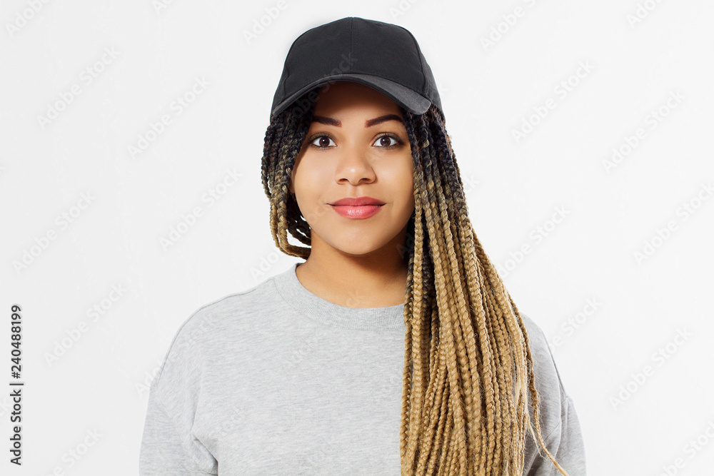 African american girl in template blank sweatshirt and cap isolated on white background. Front pullover and hat view. Copy space and mock up. Place for adverising