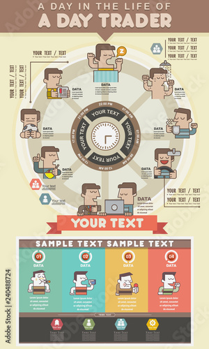 infographics activities workday man life day daily routine character, Happy business man daily life routine, Vector illustrator