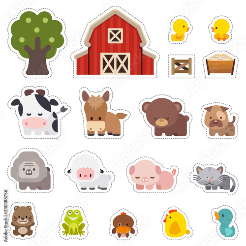 Stickers with domestic animals, Colorful set of cute farm animals, Farm animals Vector illustrator