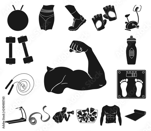 Fitness and attributes black icons in set collection for design. Fitness equipment vector symbol stock web illustration.
