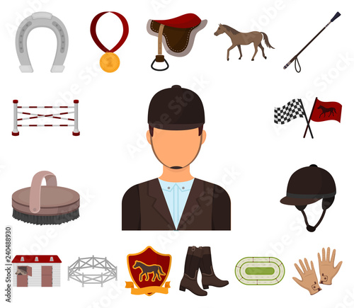 Hippodrome and horse cartoon icons in set collection for design. Horse Racing and Equipment vector symbol stock web illustration.