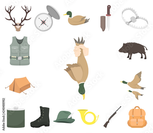 Hunting and trophy cartoon icons in set collection for design. Hunting and equipment vector symbol stock web illustration.