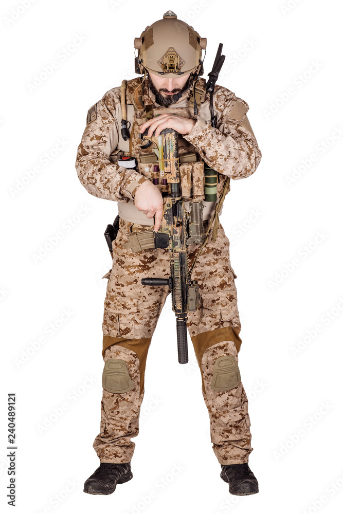 Special forces soldier with rifle on white background. army, military and people concept Special forces soldier with rifle on white background. army, military and people concept