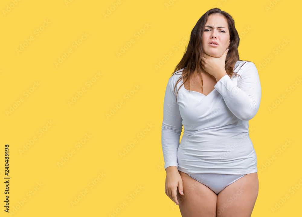 Beautiful plus size young overwight woman wearing white underwear over isolated background Touching painful neck, sore throat for flu, clod and infection Beautiful plus size young overwight woman wearing white underwear over isolated background Touching painful neck, sore throat for flu, clod and infection