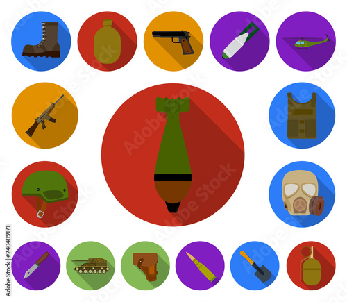 Army and armament flat icons in set collection for design. Weapons and equipment vector symbol stock web illustration.
