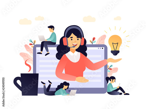 Concept customer and operator, online technical support 24-7 for web page. Vector illustration female hotline operator advises client. Online assistant, virtual help service in living coral palette
