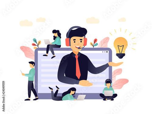 Concept customer and operator, online technical support 24-7 for web page. Vector illustration male hotline operator advises client. Online assistant, virtual help service for business