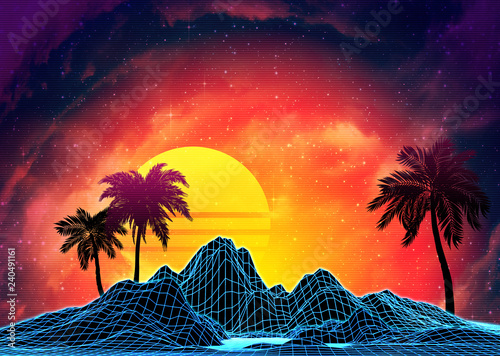 Vaporwave landscape with rocks and palms photo