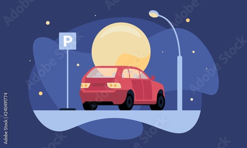 Overnight parking vector illustration with red car near parking sign by moonlight and lantern for web and printing. Coral minivan parked correctly due to rules overnight in the street parking place.
