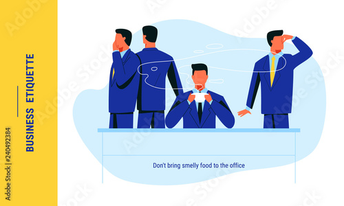 Male employee eating smelly stinky food at his workplace and annoying his colleagues. Disrespect of corporate rules and bothering coworkers at office. Business etiquette for successful communication.
