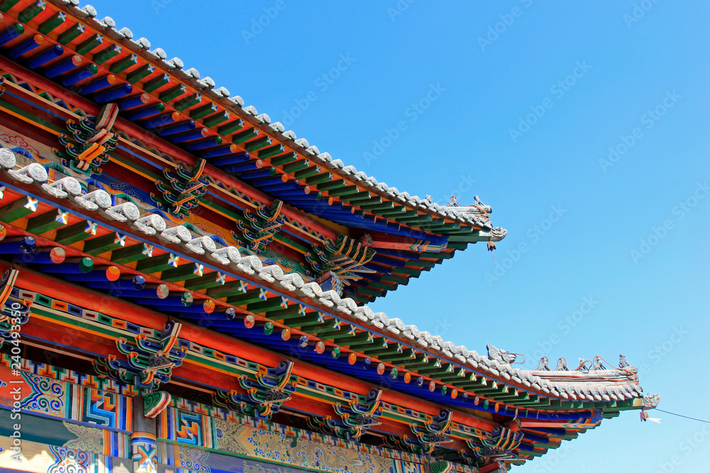 wooden eaves coloured drawing or pattern in a temple wooden eaves coloured drawing or pattern in a temple