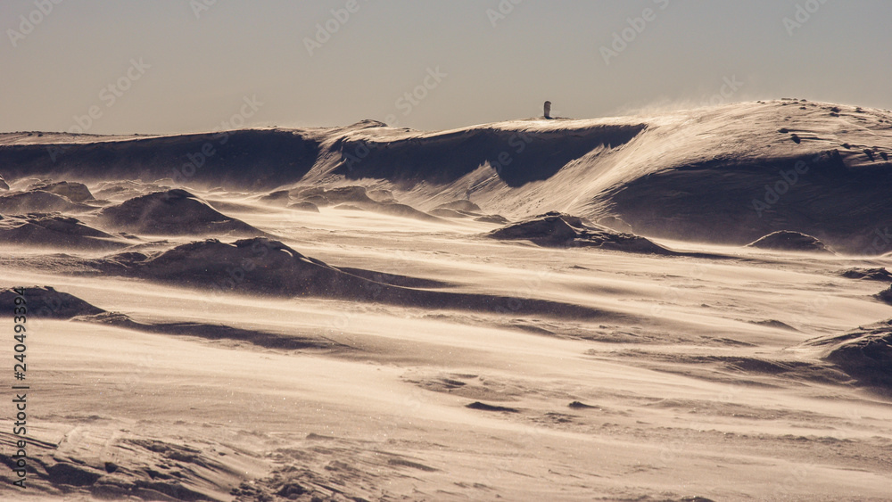 Beautiful winter in the mountains. A snow-capped peak in the Bieszczady Mountains. Small Rawka Mountain. Poland.