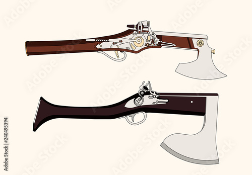 Vector cartoon hand drawn set of vintage flintlock pistol and battle axe combination weapon