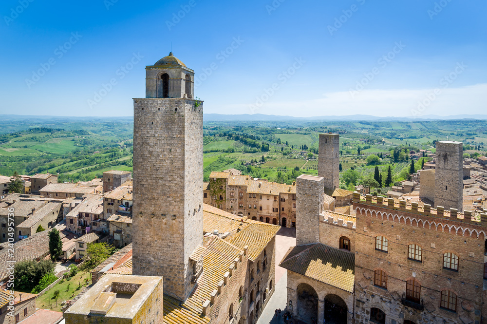 Aerial view of San Gimignano and Toscana fields