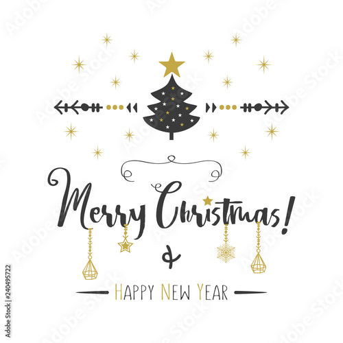 Black ang golden Merry Christmas and Happy New Year greeting card with elegant hanging ornaments on white background