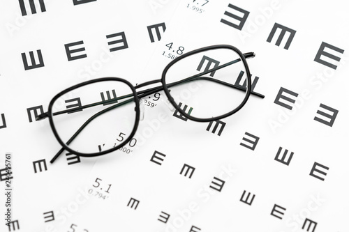Eyeglasses and visual acuity chart in white background photo