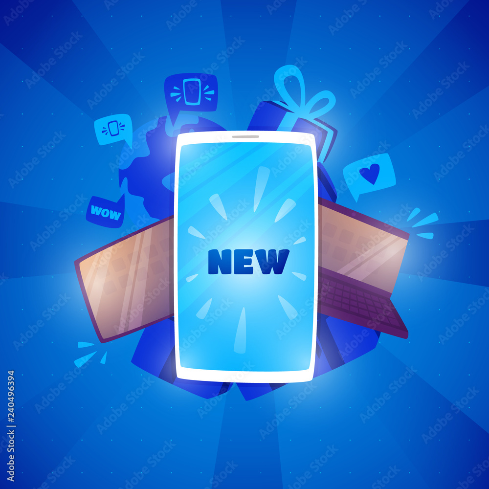 Technology Online, Smartphone on blue background. Written by New. Technology Online, Smartphone on blue background. Written by New.