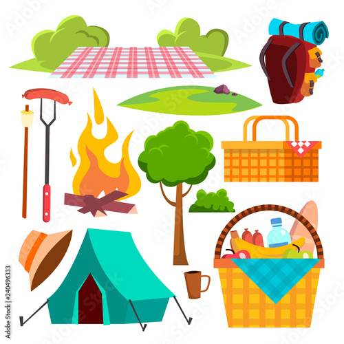Picnic Items Vector. Tent, Campfire, Sausages, Basket. Hike, Summer Vacation. Isolated Cartoon Illustration