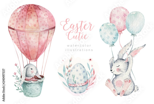 Canvas Print Hand drawn watercolor happy easter set with bunnies design