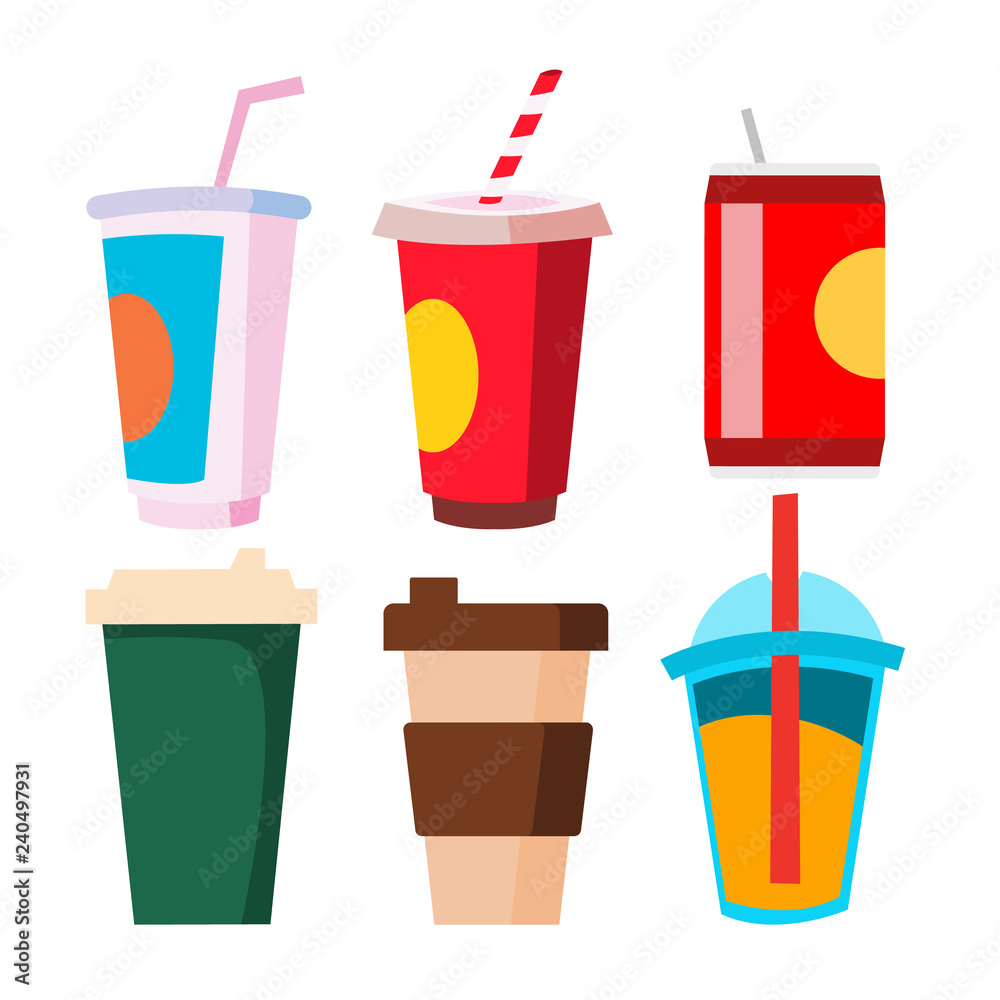 Takeaway Drink Set Vector. Cup, Mug With Coffee, Juice, Soda. Cold And Hot Tasty Beverage. Isolated Cartoon Illustration