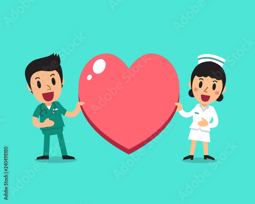 Vector cartoon female nurse and male nurse with big heart sign for design.