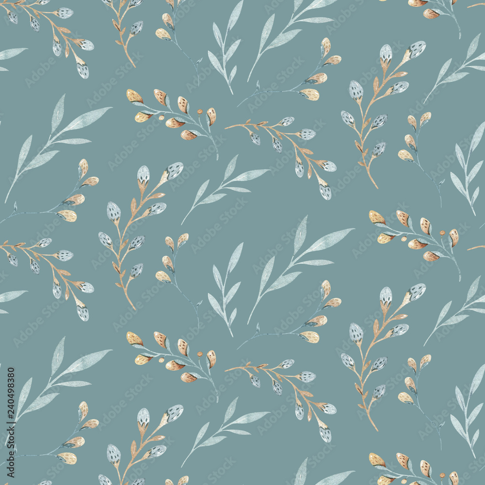 Seamless pattern with spring willow flowers and leaves. Easter Hand drawn background with pussy-willow branch. floral pattern for wallpaper or fabric.