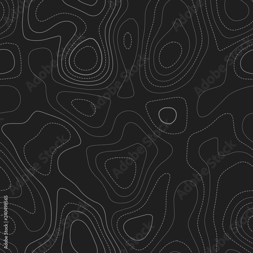 Amazing topography. Actual topography map. Dark seamless design, stunning tileable isolines pattern. Vector illustration.