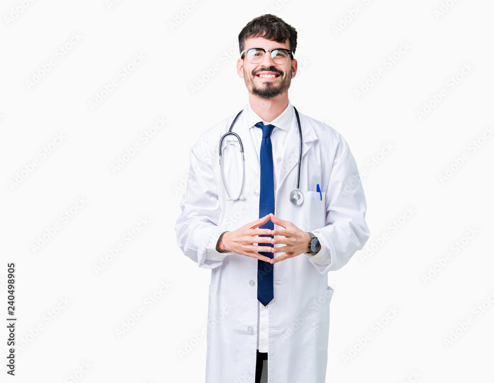 Young doctor man wearing hospital coat over isolated background Hands together and fingers crossed smiling relaxed and cheerful. Success and optimistic Young doctor man wearing hospital coat over isolated background Hands together and fingers crossed smiling relaxed and cheerful. Success and optimistic