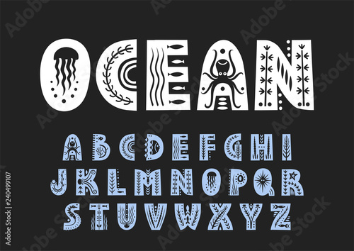 Vector uppercase alphabet decorated with underwater patterns.