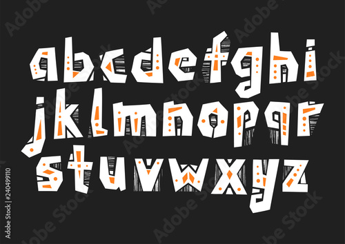 Vector lowercase cut out alphabet in pagan style with patterns