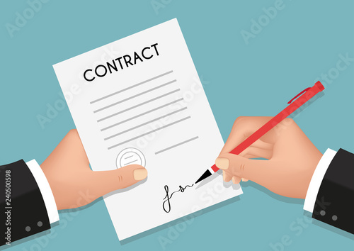 Hands holding sheet of paper with text and pen. All elements are on separate layers. Vector, illustration eps10.