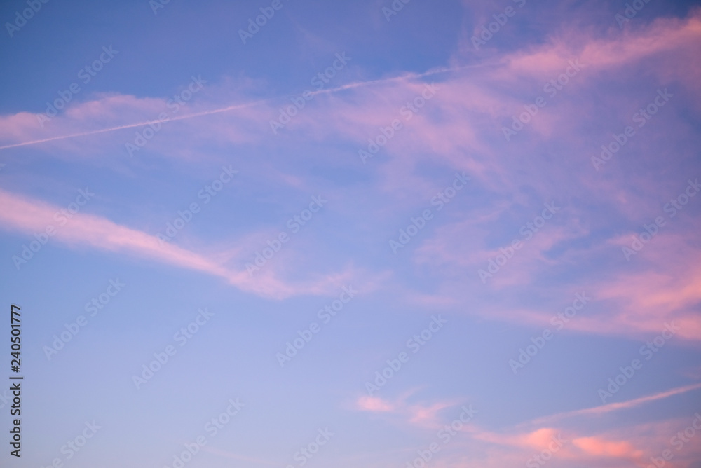 blue purple sunset sky , plane lanes