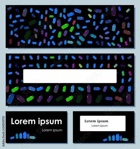 Set flyer, cover template or banner. On a black background multicolored bottles for decoration
